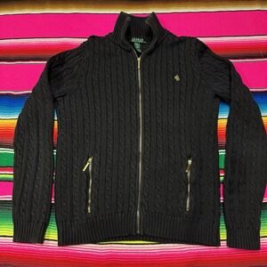 Lauren Ralph Lauren Cardigan Sweater Women's M Cable Knit Full Zip Black Gold